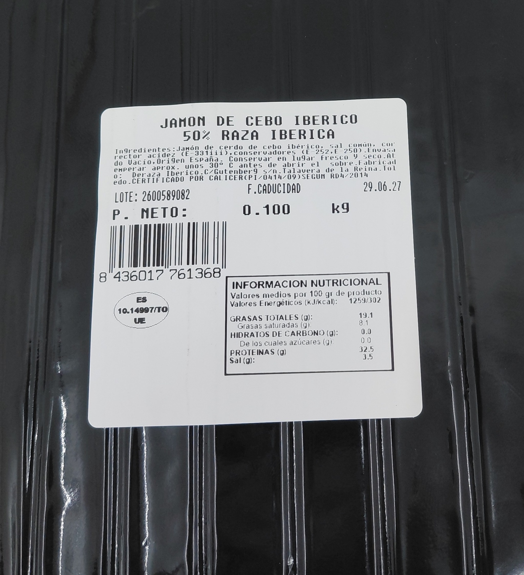 Jamón Loncheado 50% Ibérico de Cebo 100 g DERAZA IBÉRICO