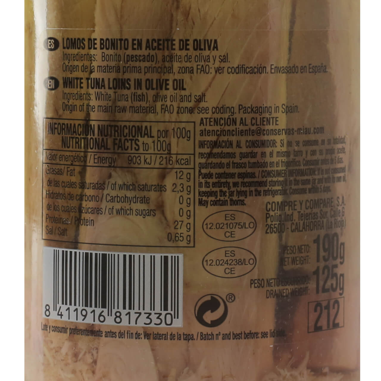 Tarro Lomos de Bonito en Aceite de Oliva Virgen 212 ml 190 g Neto MIAU